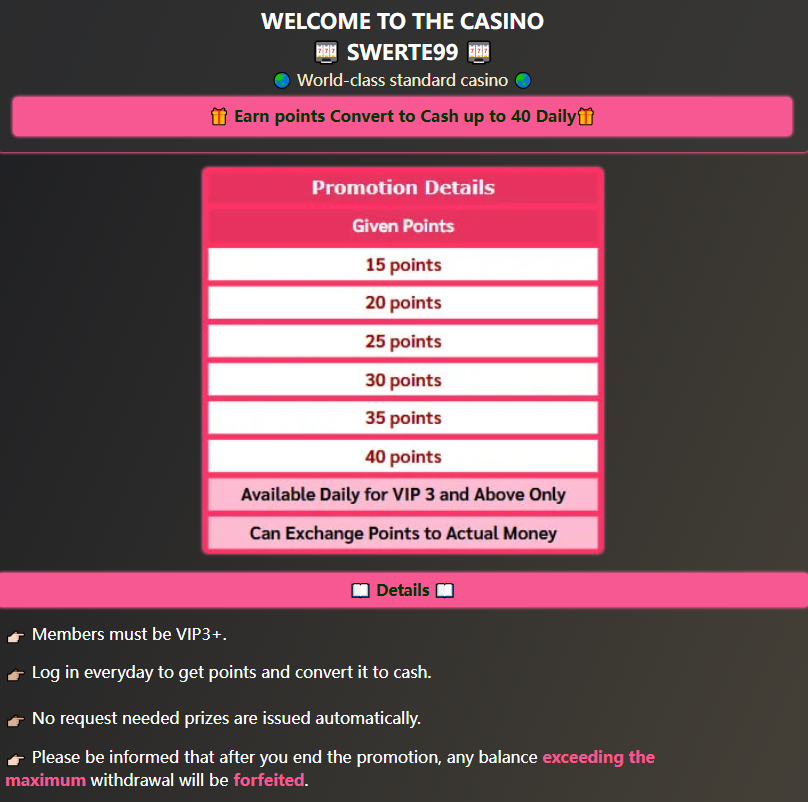 Swerte99 Daily casino login bonus detail